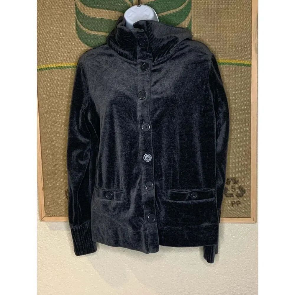 White Stag Black Velour Button-Up Hooded Jacket with Pockets Women's Size L (12-
